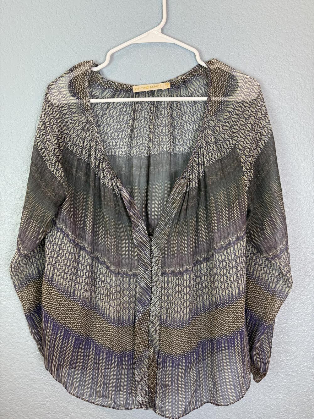 Of Two Minds Blouse Womens Small Sheer Silk Metallic Lurex Button Boho Top